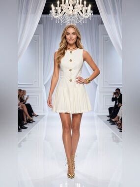 Cream Sleeveless Pleated Mini Dress with Gold Buttons- by SHEIN Bae